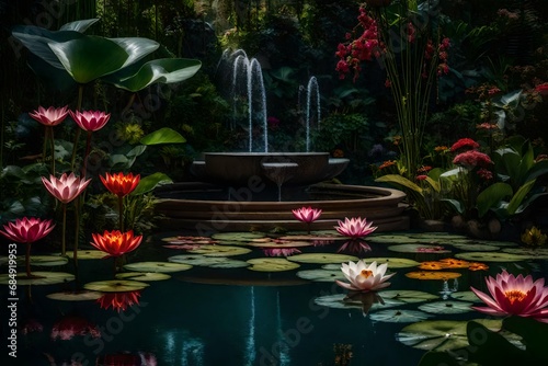 garden with flowers with water lily with waaterfall photo