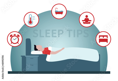 Infographic showing tips for a restful sleep at night with positive pointers on the top of a young man in bed, colored vector illustration