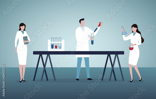 Scientific team Working on Creation Innovative Drug Formula. Experimental study.Flat Cartoon People Characters and Lab Equipment. Scientists Mixing Liquids and Examining Samples. 