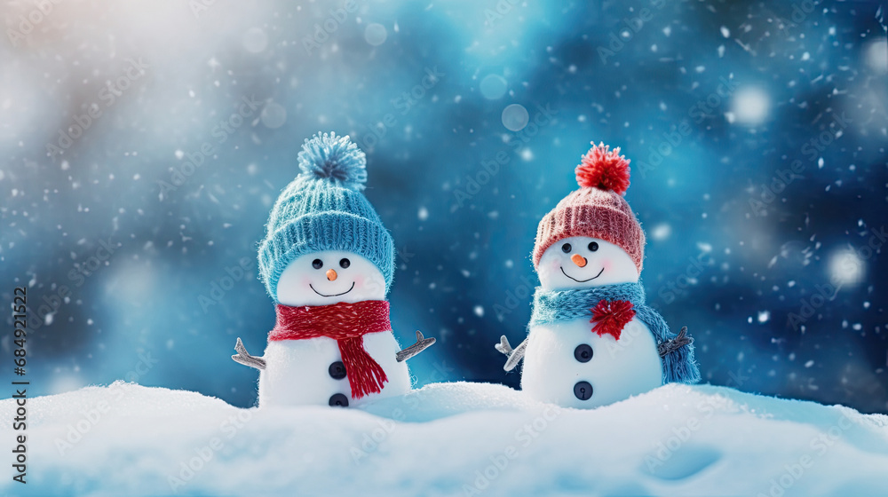 Little knitted snowman on the white snow on blue background. winter seaason Little knitted snowman on the white snow on blue background. winter seaason