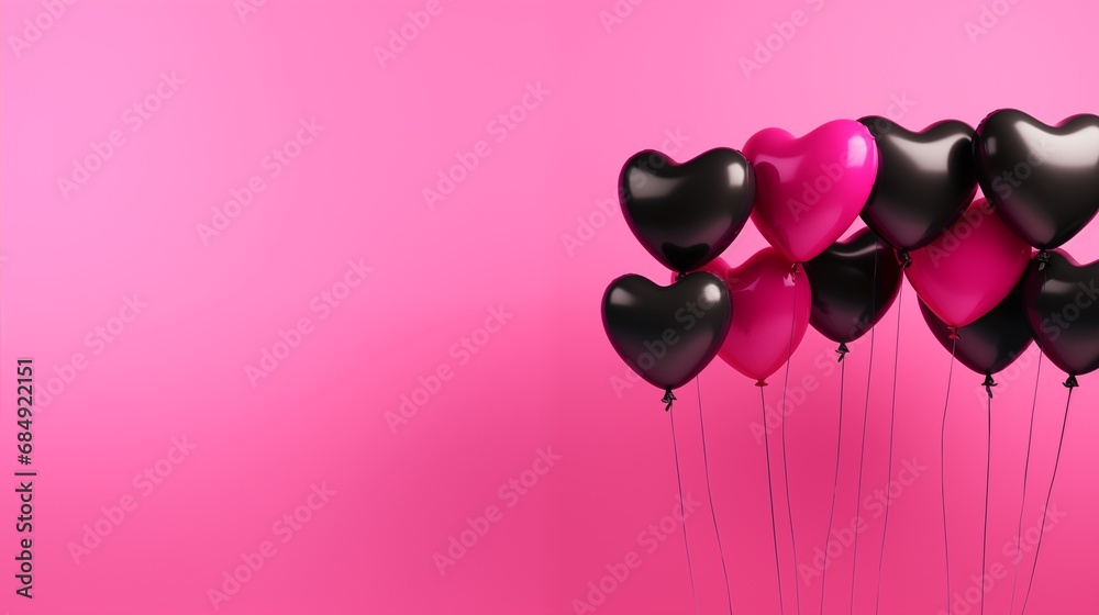 black and pink heart-shaped balloons on a light pink background