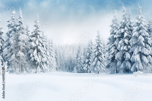Beautiful snowy winter background landscape with forest, snowfall, snowdrift, festive holiday illustration © Minithalie