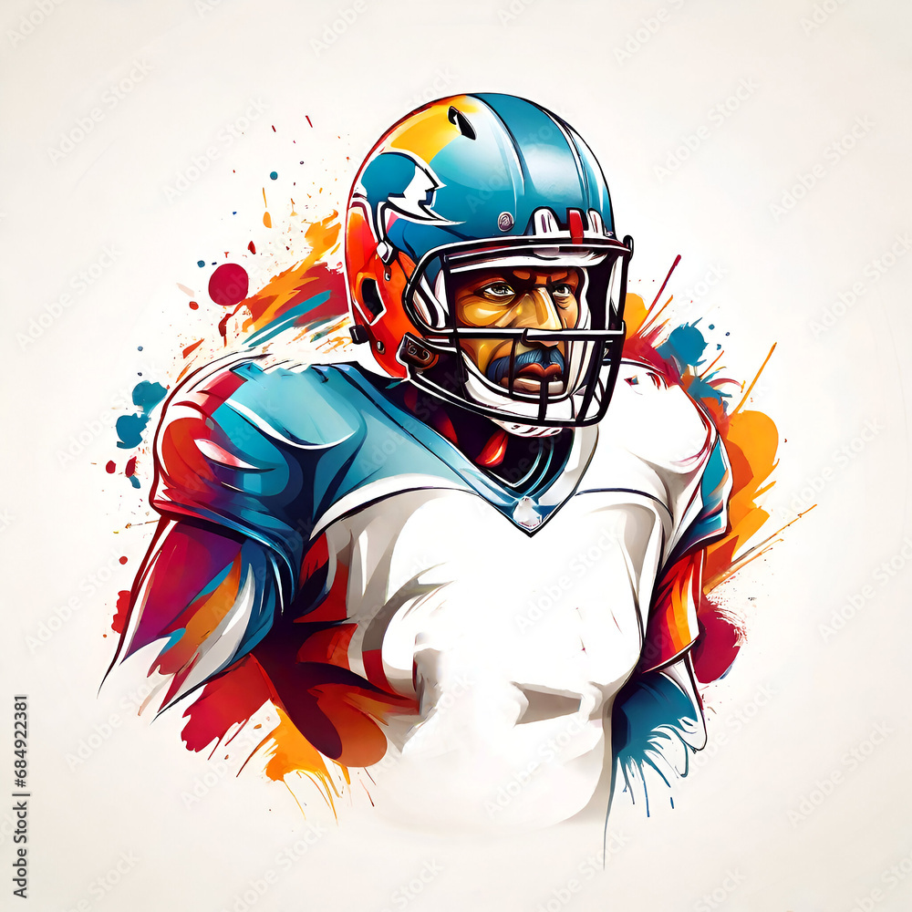 colorful superbowl Football Player, An illustration of a sports concept, solid white background,