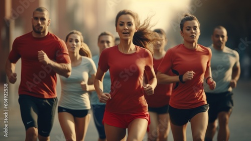 Group of young people in sportswear are running in the road. photo