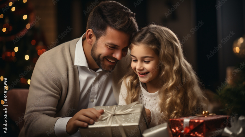 happy family opening christmas gift box and smiling at camera at home happy family opening christmas gift box and smiling at camera at home