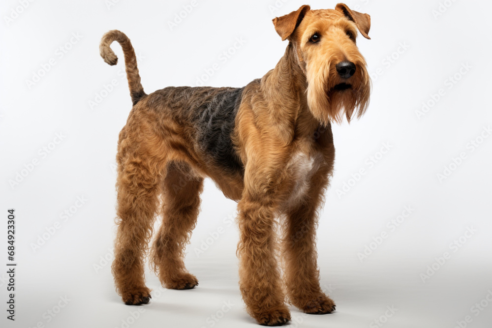 Airedale Terrier dog standing on a white background. Animal right-side portrait. Airedale Terrier dog standing on a white background. Animal right-side portrait.