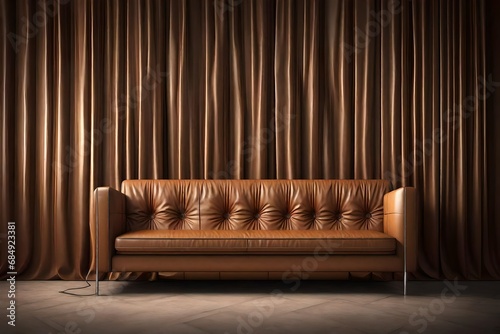 Light brown leather sofa, against wall with copy space, with curtain of half white color, full light in the room, Mid-century, retro, vintage style home, interior design of modern living room © Sikandar Hayat