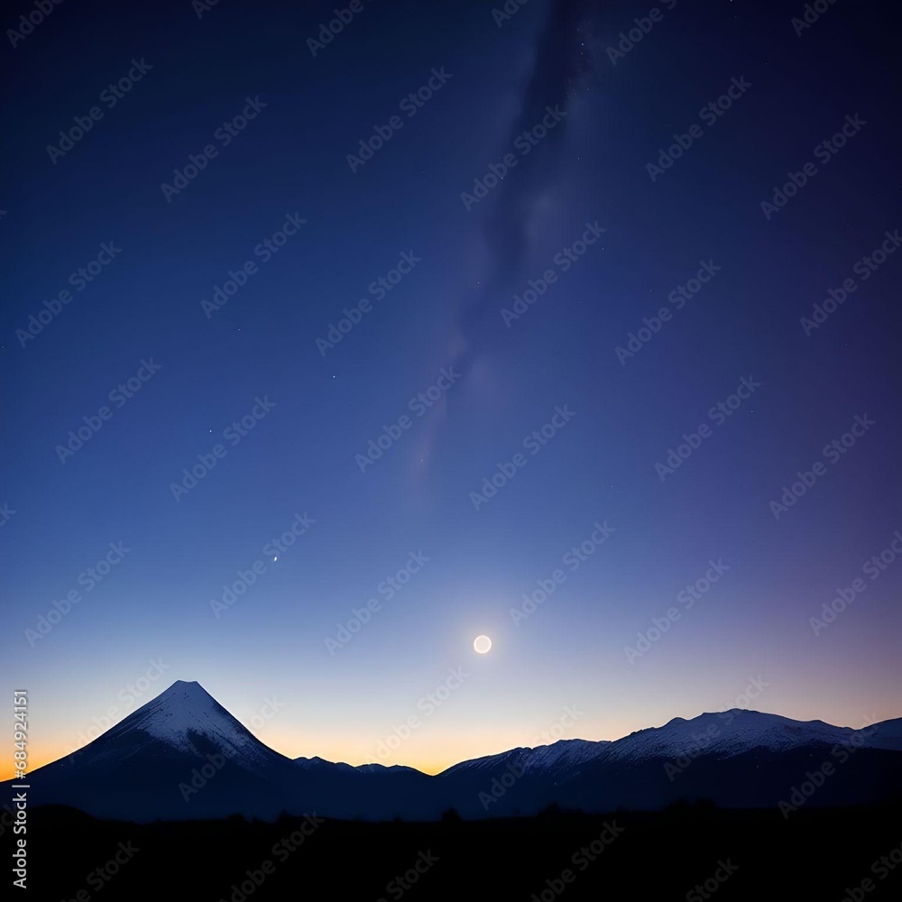 Nature Landscape of Mountains with Beautiful Horizon and Full Moon