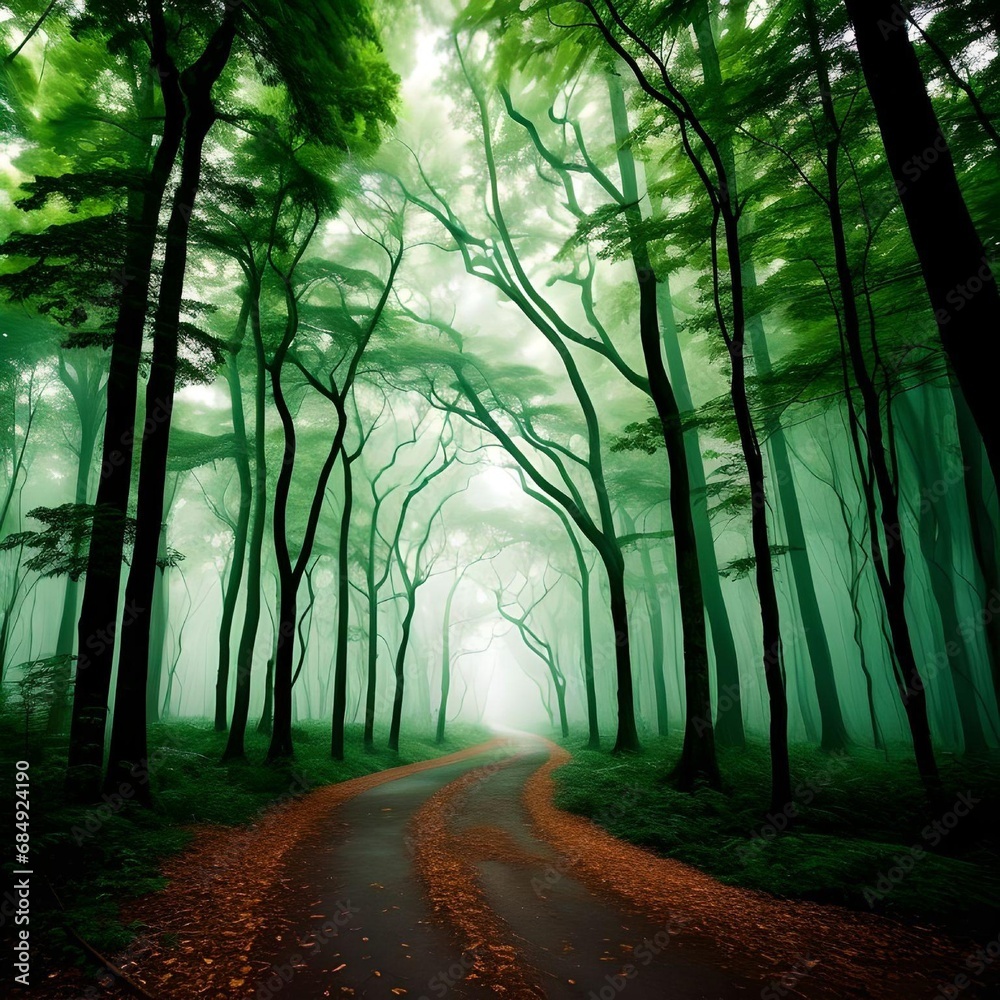 Obraz premium Serene Path Through The Green Forest Nature Landscape
