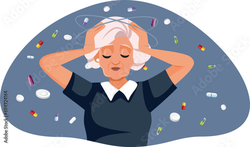 Dizzy Senior Elderly Woman Having Vertigo Vector Concept Illustration. Stressed and depressed older patient in need for treatment 
 photo