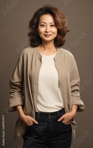 Asian mature senior confident smart woman in casual clothes isolated on neutral background