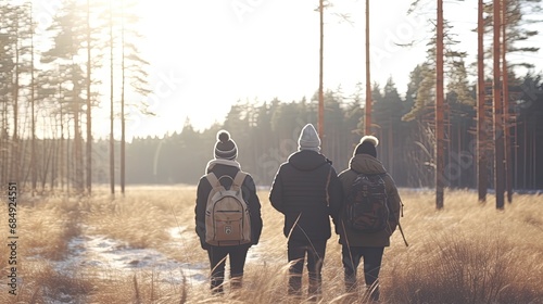 Hiking with friends through the winter forest. View from the back of a small group of hikers with backpacks walking through the winter forest. Enjoy nature and communication without gadgets. photo