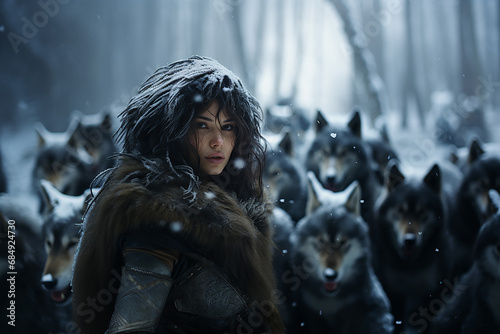 Generative AI Image of Scary Werewolf Woman with a Pack of Wolves in Snowy Forest photo