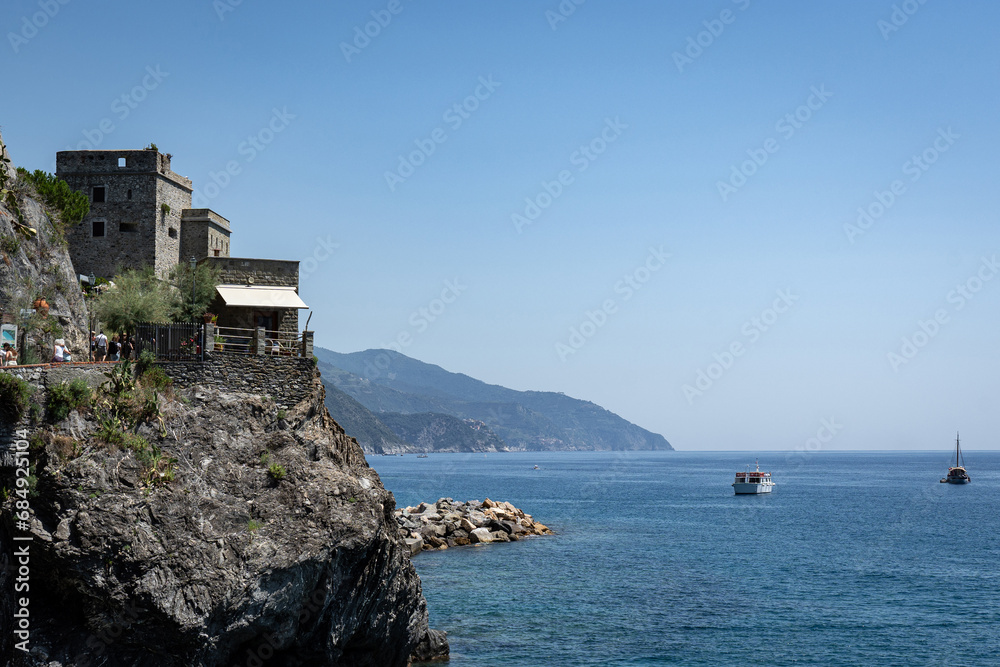Cinque Terre National Park in Italy. Hiking among tree covered hills on Italian coast