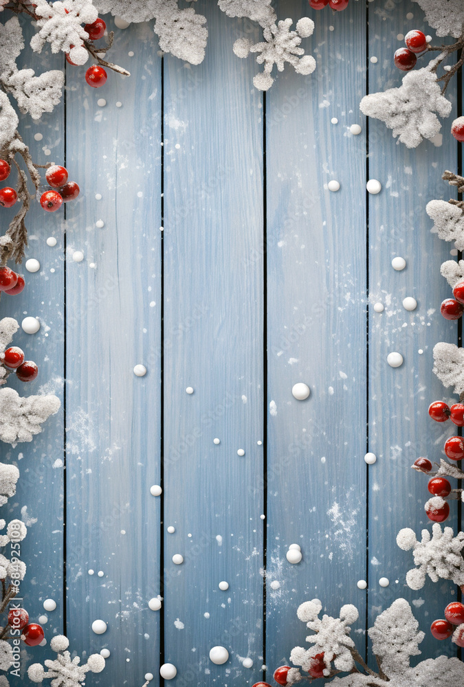 Christmas background with snowflakes and berries on blue wooden planks