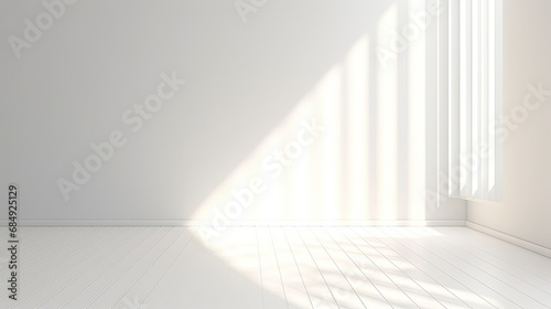 Minimalist light background with shadow on a white wall.. Modern Studio showcase with copy space. Mock up scene with natural window shadows, dappled light overlay effect. empty room
