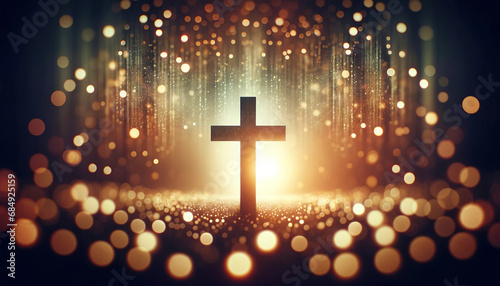Christmas Cross of Faith and Celebration with Christian Wood Cross against Blurred Bokeh Stars Background photo