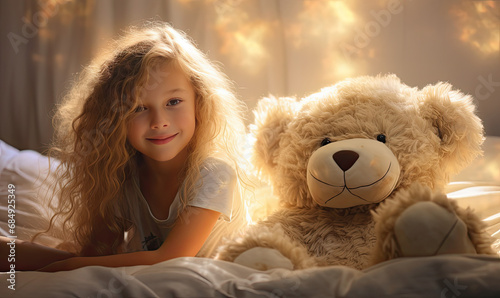 a little girl smiling on her bed holding teddy bear © Kien