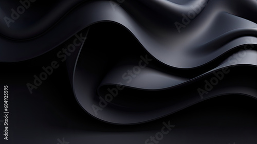 Minimalistic black dynamic background with wavy lines, abstract dark geometric shape from paper with soft shadows background, top view, flat lay