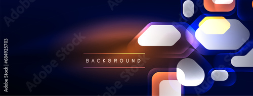 Glowing neon geometric elements abstract background. Neon light or laser show, electric impulse, power lines, techno quantum energy impulse, magic glowing dynamic lines