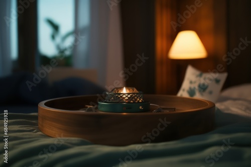 Aromatic candle burns on table in spa procedure salon. Small warm flame creating coziness and relaxing atmosphere in meditation studio. Accessory for aromatherapy treatment and mindfulness © Stavros