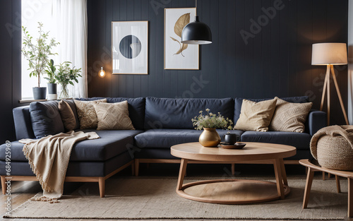 round coffee table near a corner sofa against a dark grey paneling wall, embodying the Scandinavian style in the modern living room's home interior design.