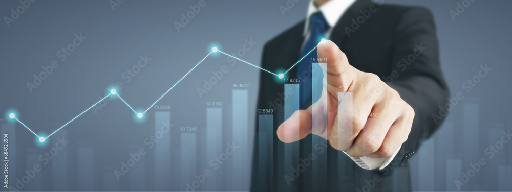 Businessman with chart financial symbols coming from hand Businessman with chart financial symbols coming from hand