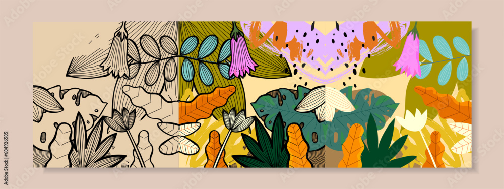Abstract background with tropical flower and leaves hand drawn vector illustration. Flat nature jungle print.