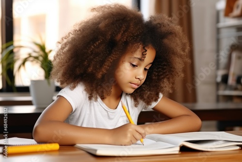 An African American girl sits and does her homework at the table at home. He writes down solutions of tasks in her notebook. photo
