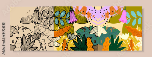 Abstract background with tropical flower and leaves hand drawn vector illustration. Flat nature jungle print.