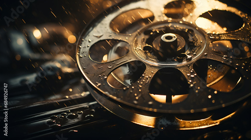 Close-up of a giant clockwork gear machine, Close-up of a mechanical gears in swiss watch, gears and timing belt in a running engine, metal gears in the background.