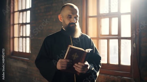 Orthodox priest in traditional robe holds open Bible standing in cell window sunlight. Christian monk prays with book in spiritual retreat. Churchman inspires reading Holy Scripture in chamber photo