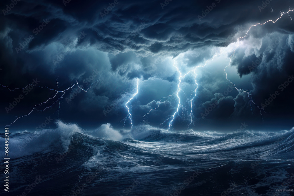 A tempestuous night at sea, where thunder and lightning meet turbulent waves in a spectacular display of nature power. AI Generative. A tempestuous night at sea, where thunder and lightning meet turbulent waves in a spectacular display of nature power. AI Generative.