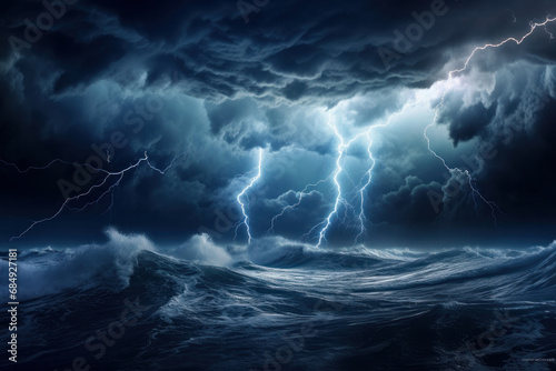 A tempestuous night at sea, where thunder and lightning meet turbulent waves in a spectacular display of nature power. AI Generative.