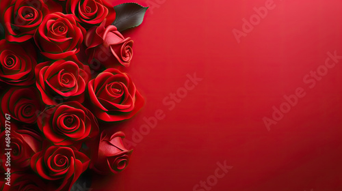Red roses ornaments on dark red background  bouquet of roses  copy space for text