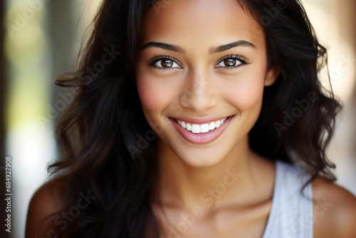 Closeup portrait of a beautiful young woman smiling and looking at camera