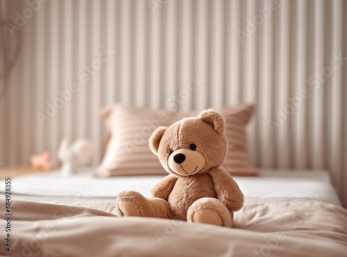 Children's bed with toy bear in bedroom