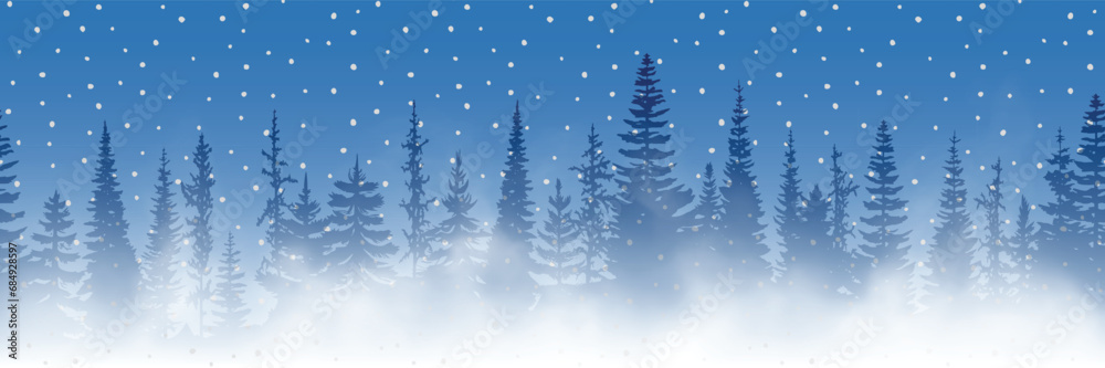 Winter landscape, coniferous forest in the fog and falling snow, vector illustration