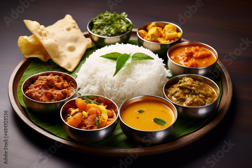 A delectable spread of traditional Kerala cuisine served on the festive occasion of Onam. The meal includes a variety of vegetarian dishes, rice, and curries, showcasing the rich heritage of kerala