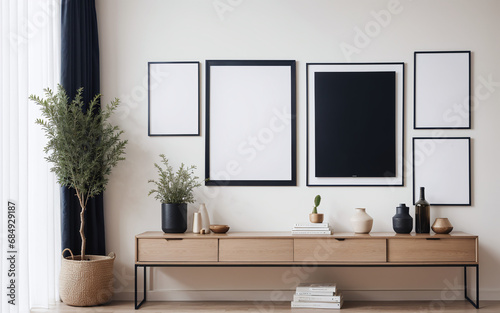 Empty mock-up frame on a wooden shelf in the interior design of a modern living room with a white wall and home decor pieces. © Afian