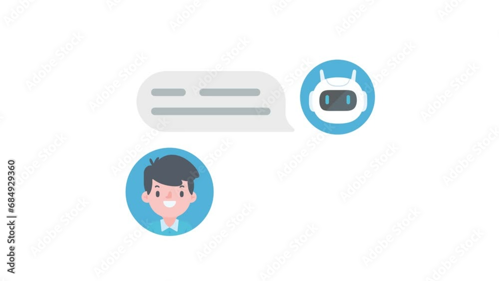 Man with message box talking to intelligent AI robot. Automatic chat response concept.