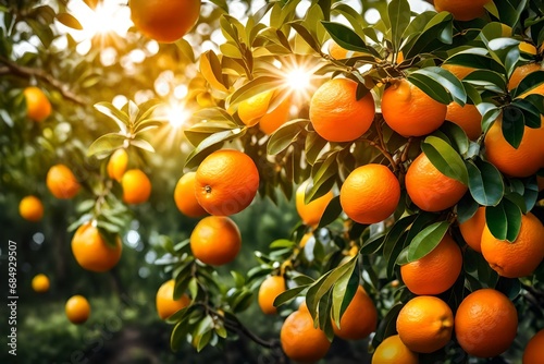 close up view,Orange trees ,with sunlight rays, in the background, Fruit, lemon, mandarin, juicy fruits above the scene is cloudy.