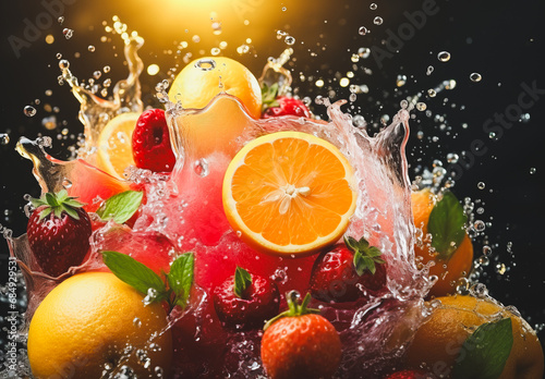 fruit juice splash  Tropical mix into of burst splashes of juices