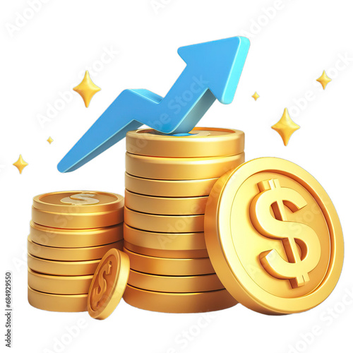3D Rendering of Gold Coins and Red Arrow Showing Financial Growth, isolated on tranparent background