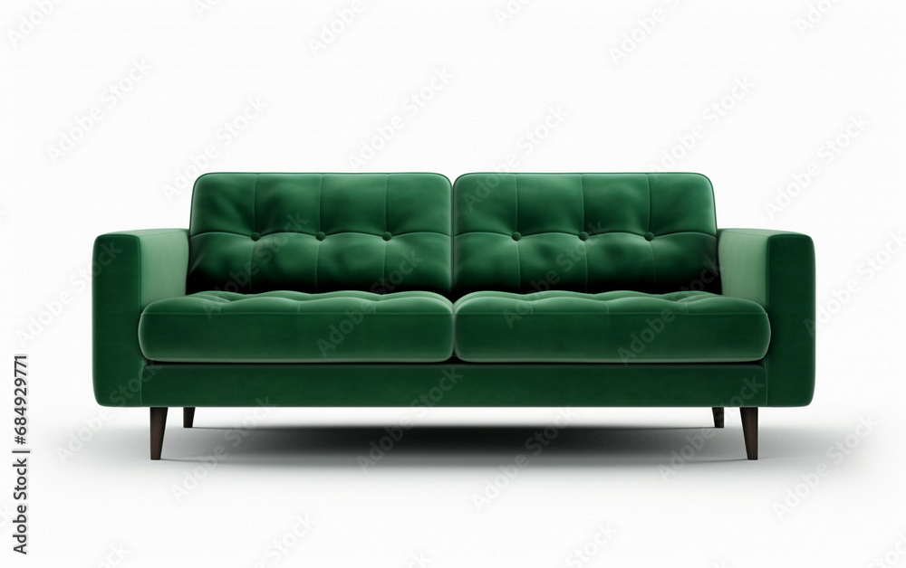 Fototapeta premium Green sofa isolated on white. Green velvet sofa on wooden legs on white background