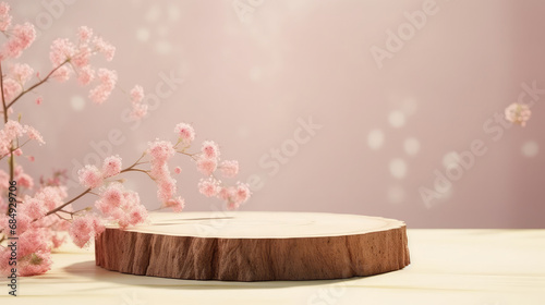 Wood slice podium and pink flowers on beige background. Concept scene stage showcase for new product, promotion sale, banner, presentation, cosmetic