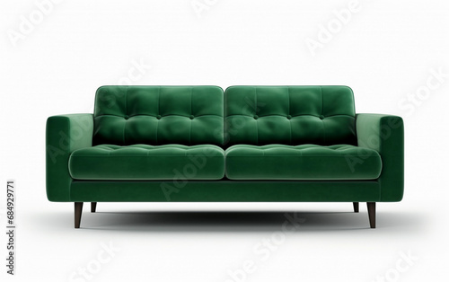 Green sofa isolated on white. Green velvet sofa on wooden legs on white background © Oksana