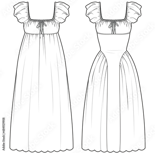 womens short puff sleeve square neck long maxi dress flat sketch vector illustration technical cad drawing template