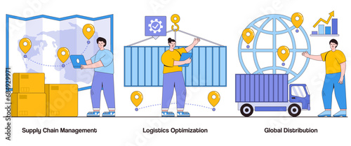 Supply chain management, logistics optimization, global distribution concept with character. Supply chain abstract vector illustration set. Efficient logistics, supply chain optimization metaphor