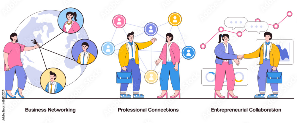 Business networking, professional connections, entrepreneurial collaboration concept with character. Networking events vector illustration set. Building relationships, professional connections Business networking, professional connections, entrepreneurial collaboration concept with character. Networking events vector illustration set. Building relationships, professional connections